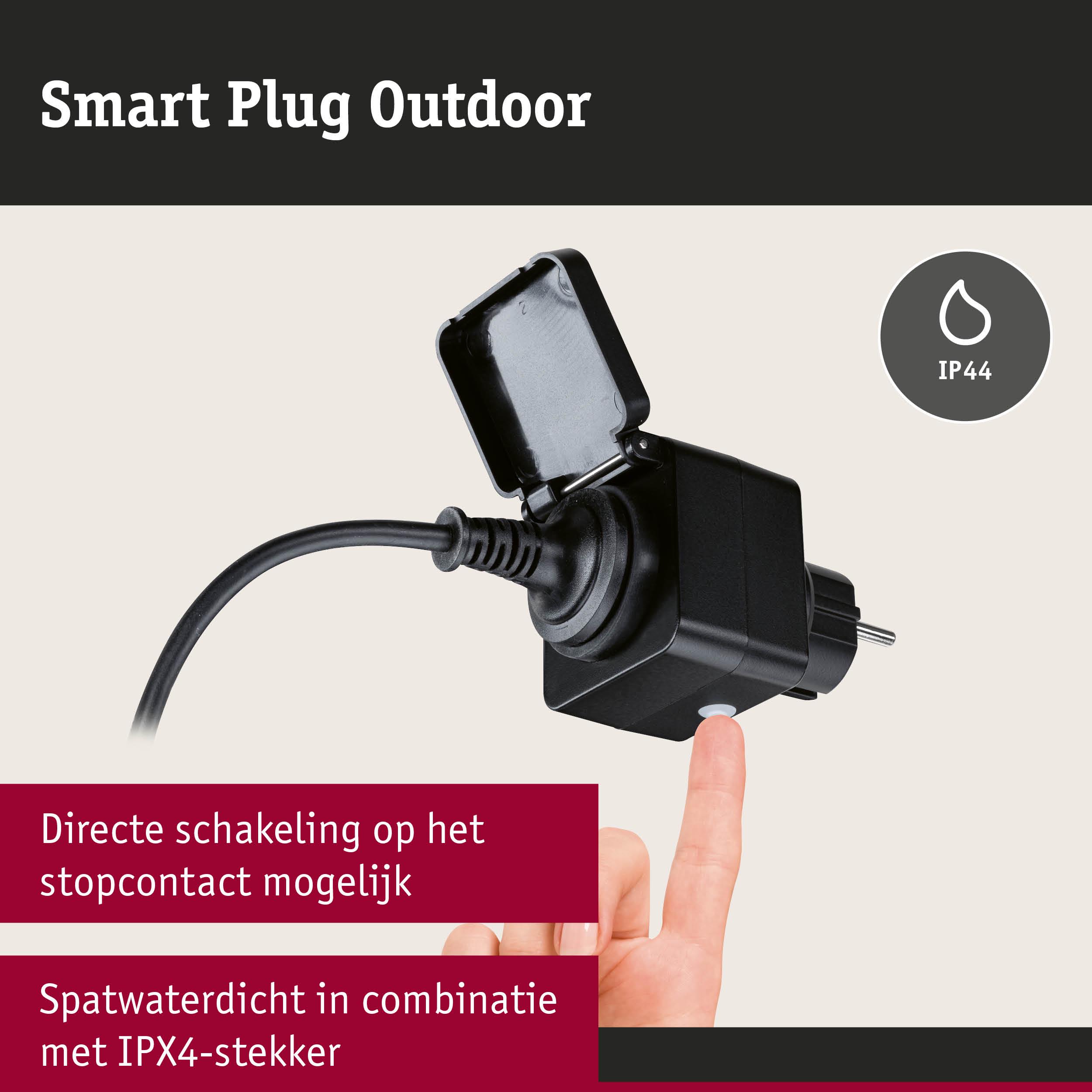 Zwarte outdoor smart plug met IP44 spatwaterdichtheid en directe schakelaar op het stopcontact voor tuinapparaten