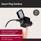 Zwarte outdoor smart plug met IP44 spatwaterdichtheid en directe schakelaar op het stopcontact voor tuinapparaten