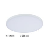 Round white LED ceiling light made of plastic, 400 mm diameter and 69 mm height, ideal for living spaces