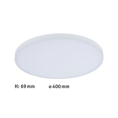 Round white LED ceiling light made of plastic, 400 mm diameter and 69 mm height, ideal for living spaces