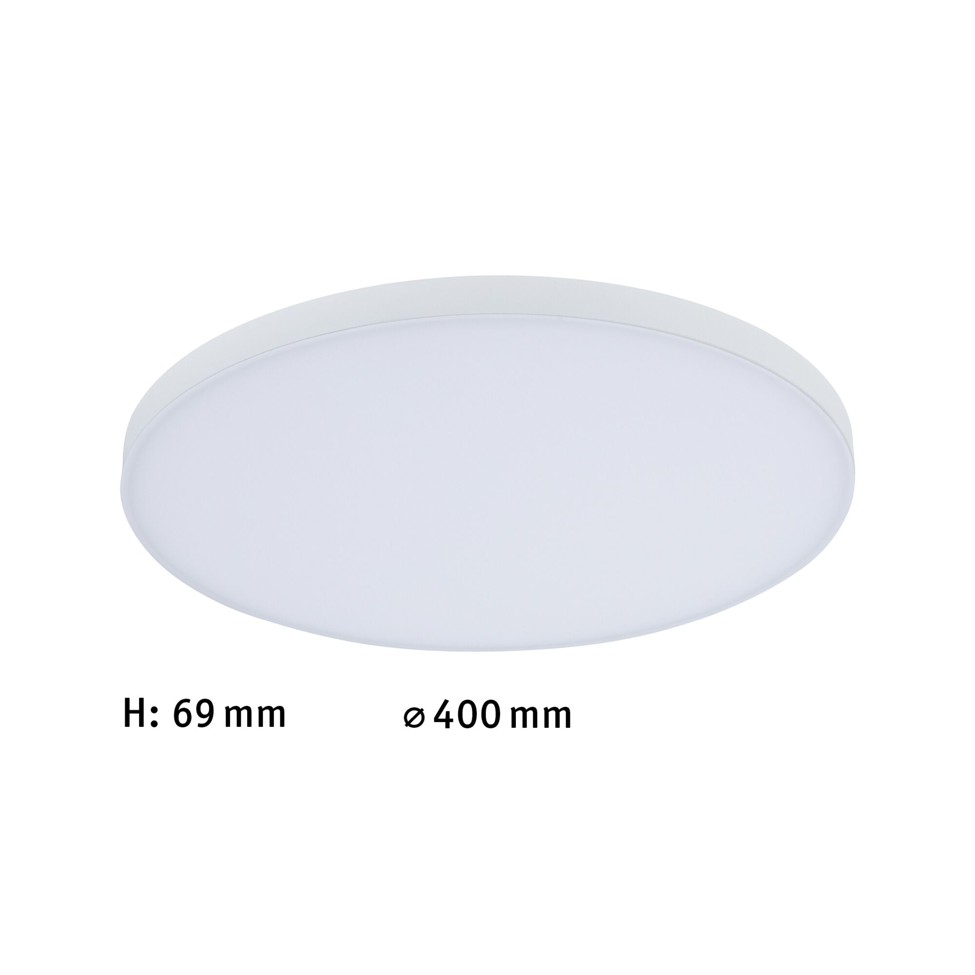 Round white LED ceiling light made of plastic, 400 mm diameter and 69 mm height, ideal for living spaces