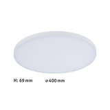 Round white LED ceiling light made of plastic, 400 mm diameter and 69 mm height, ideal for living spaces