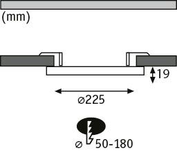 Technische Zeichnung eines runden LED-Einbaustrahler mit 225 mm Durchmesser und 19 mm Einbautiefe
