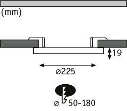 Technical drawing of round LED recessed spotlight with 225 mm diameter and 19 mm height