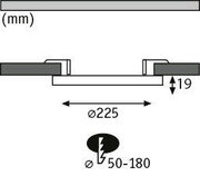 Technical drawing of round LED recessed spotlight with 225 mm diameter and 19 mm height