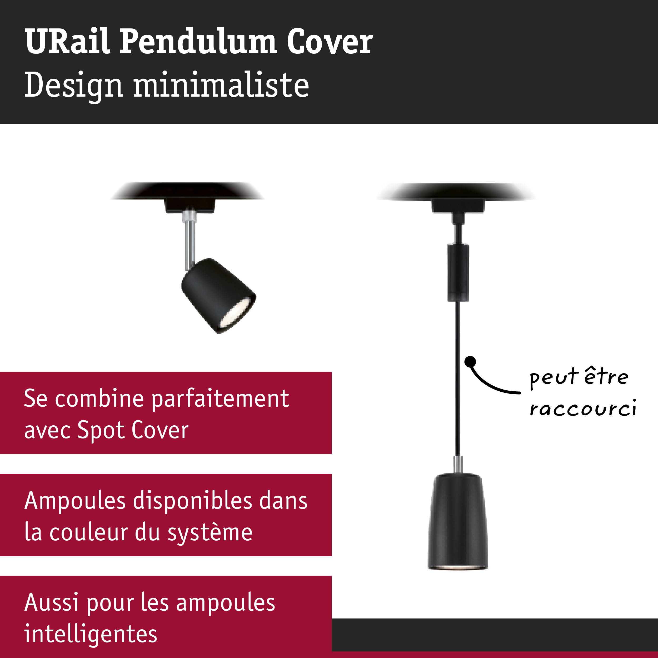 Cache URail Pendulum noir minimaliste en métal pour systèmes d'éclairage sur rail modernes