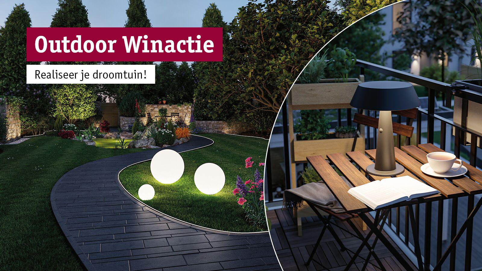Tuinpad met ronde witte LED-lampen en balkon met moderne buiten tafellamp en boek.