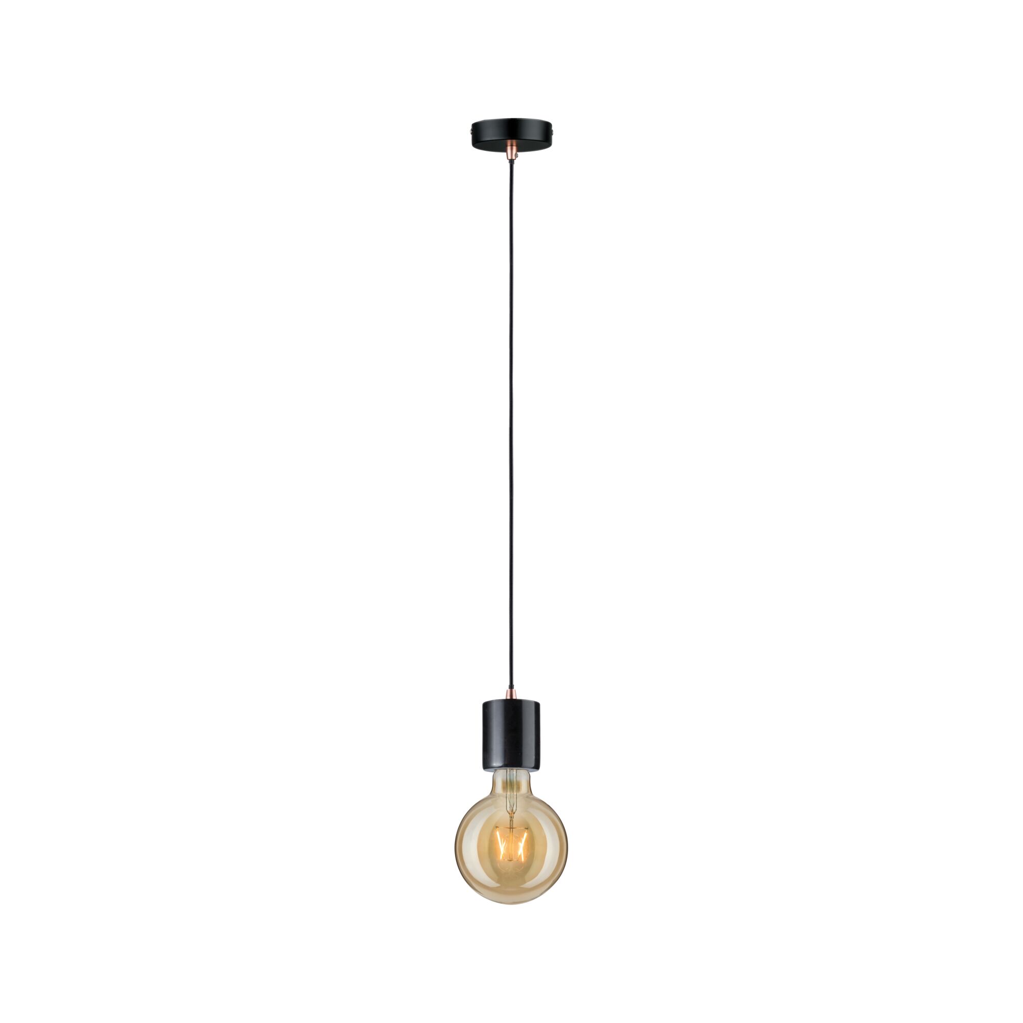 Black pendant light with black cord and warm white bulb design for modern interior lighting