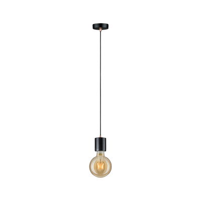 Black pendant light with black cord and warm white bulb design for modern interior lighting
