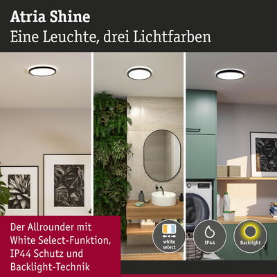 Atria Shine Deckenleuchte mit drei Lichtfarben, IP44 Schutz und Backlight-Technik für Bad und Waschküche