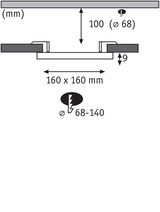 Technische tekening met afmetingen 160x160 mm en 9 mm inbouwdiepte voor inbouwlamp