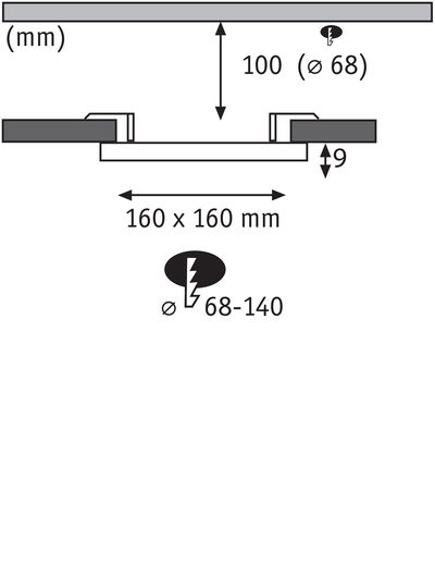 Technische tekening met afmetingen 160x160 mm en 9 mm inbouwdiepte voor inbouwlamp