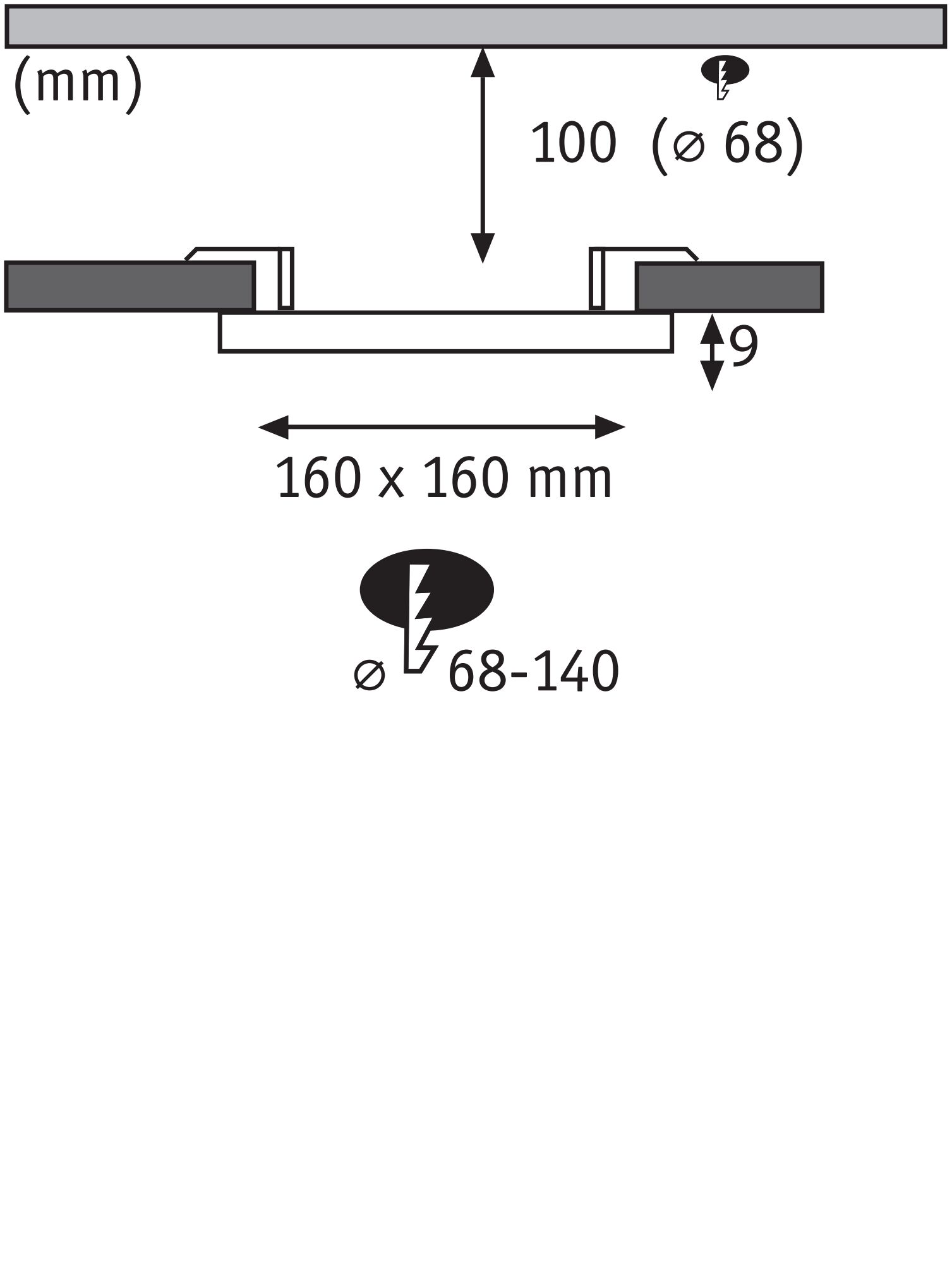 Teknisk tegning med mål 160x160 mm, indbygningsdybde 9 mm, diameter 68 mm til LED indbygningsspot