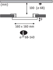 Teknisk tegning med mål 160x160 mm, indbygningsdybde 9 mm, diameter 68 mm til LED indbygningsspot