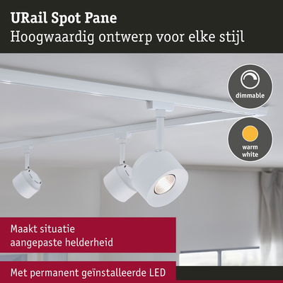 Witte URail Spot Pane LED-spot met dimbare warmwitte verlichting aan plafondrail