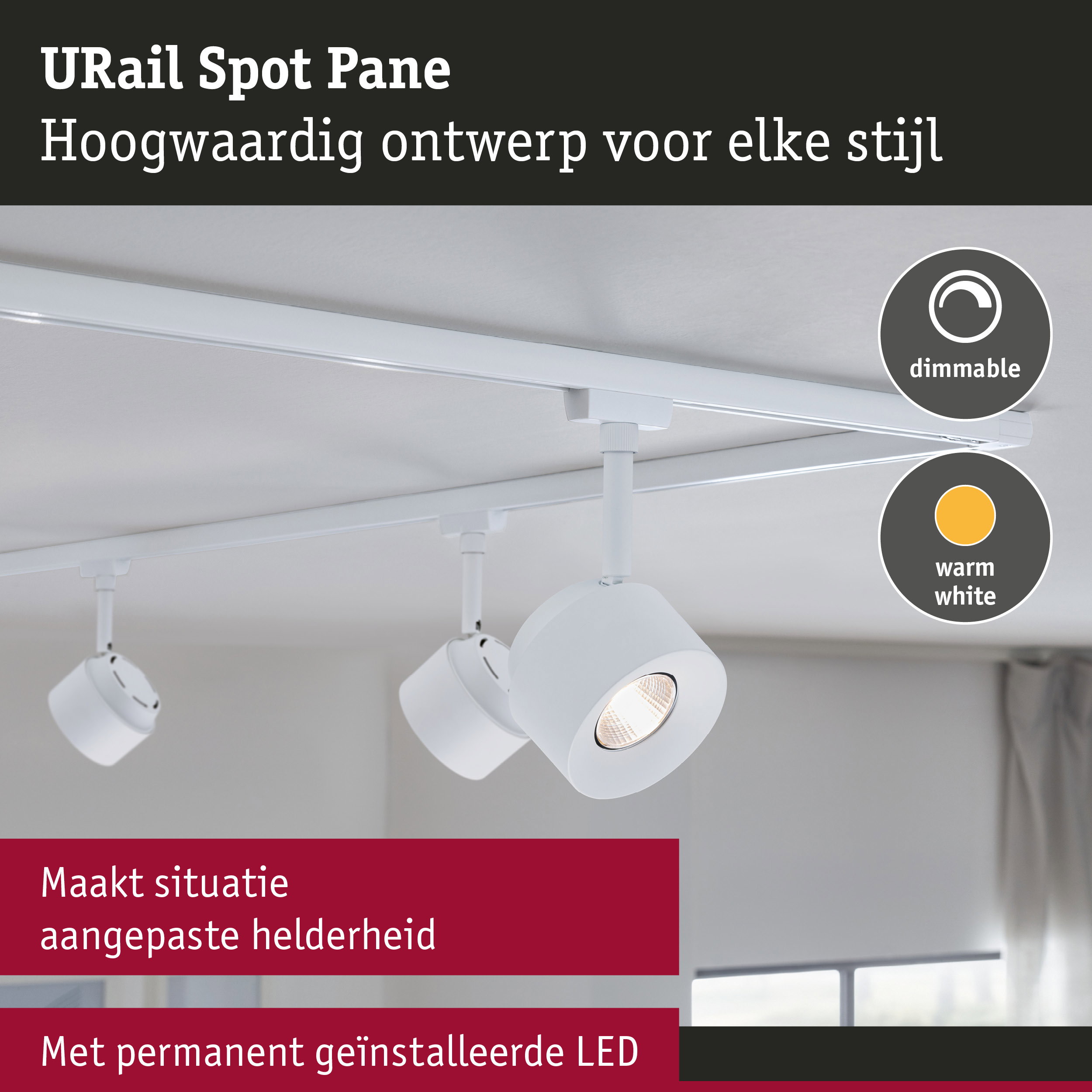 Witte URail Spot Pane LED-spot met dimbare warmwitte verlichting voor flexibele interieurverlichting