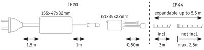 Technical drawing showing dimensions and IP20/IP44 rating for expandable LED strip power supply.