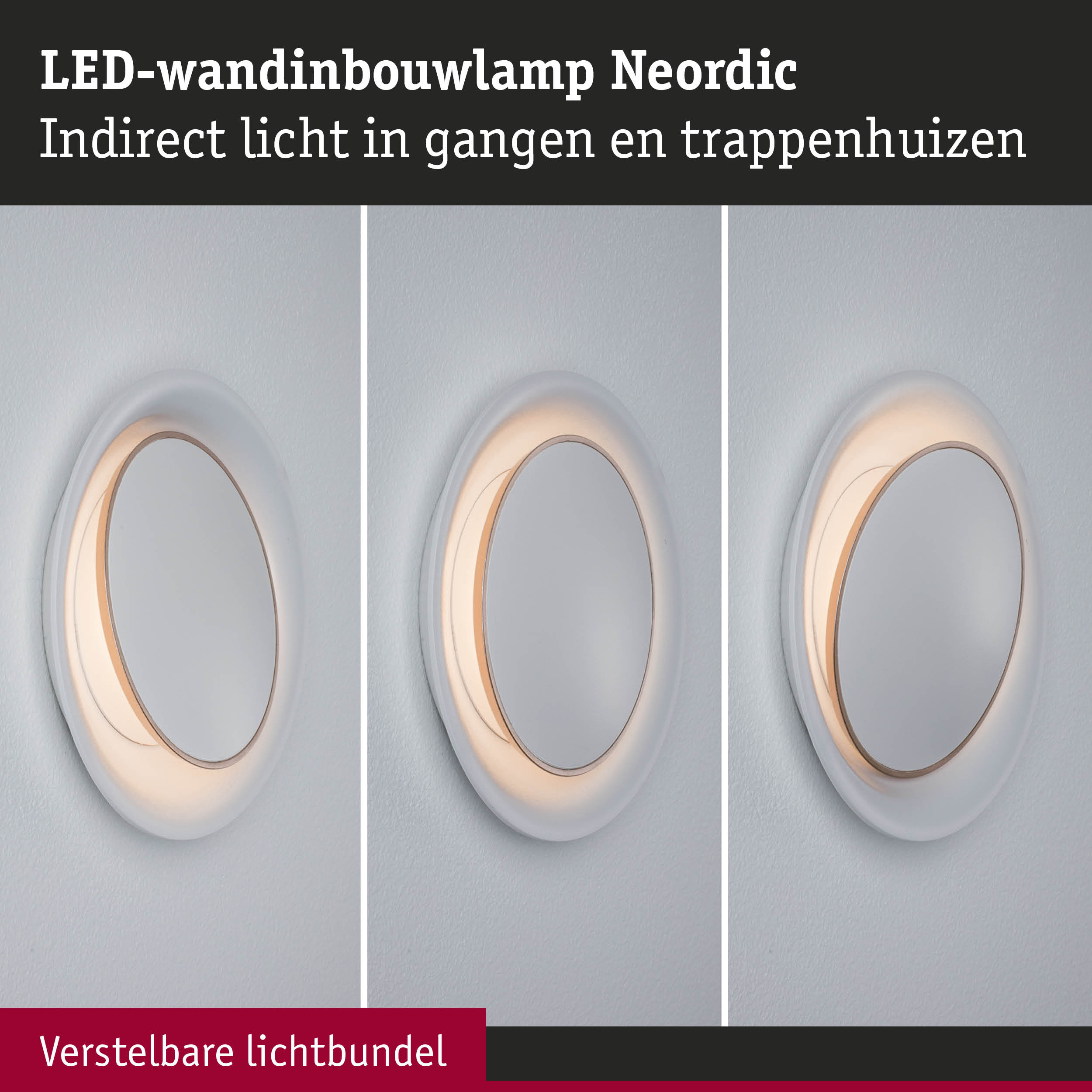 Witte Neordic LED-wandinbouwlamp met verstelbare lichtbundel voor gangen en trappenhuizen