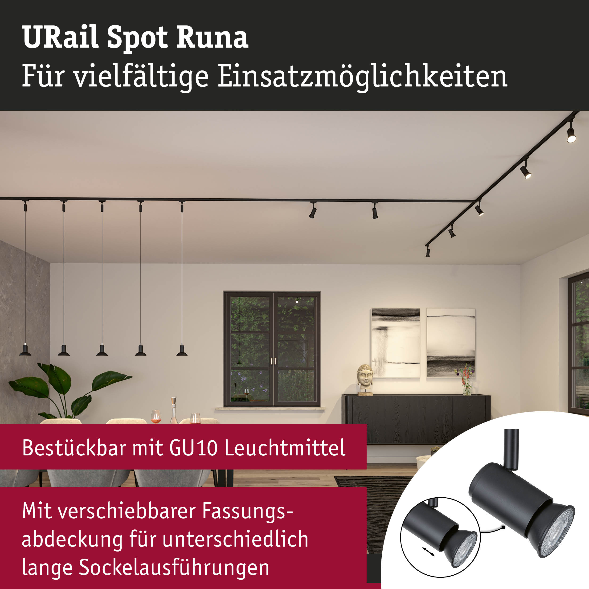 Schwarzer URail Spot Runa Strahler mit GU10 Leuchtmittel und verschiebbarer Fassung für flexible Beleuchtung