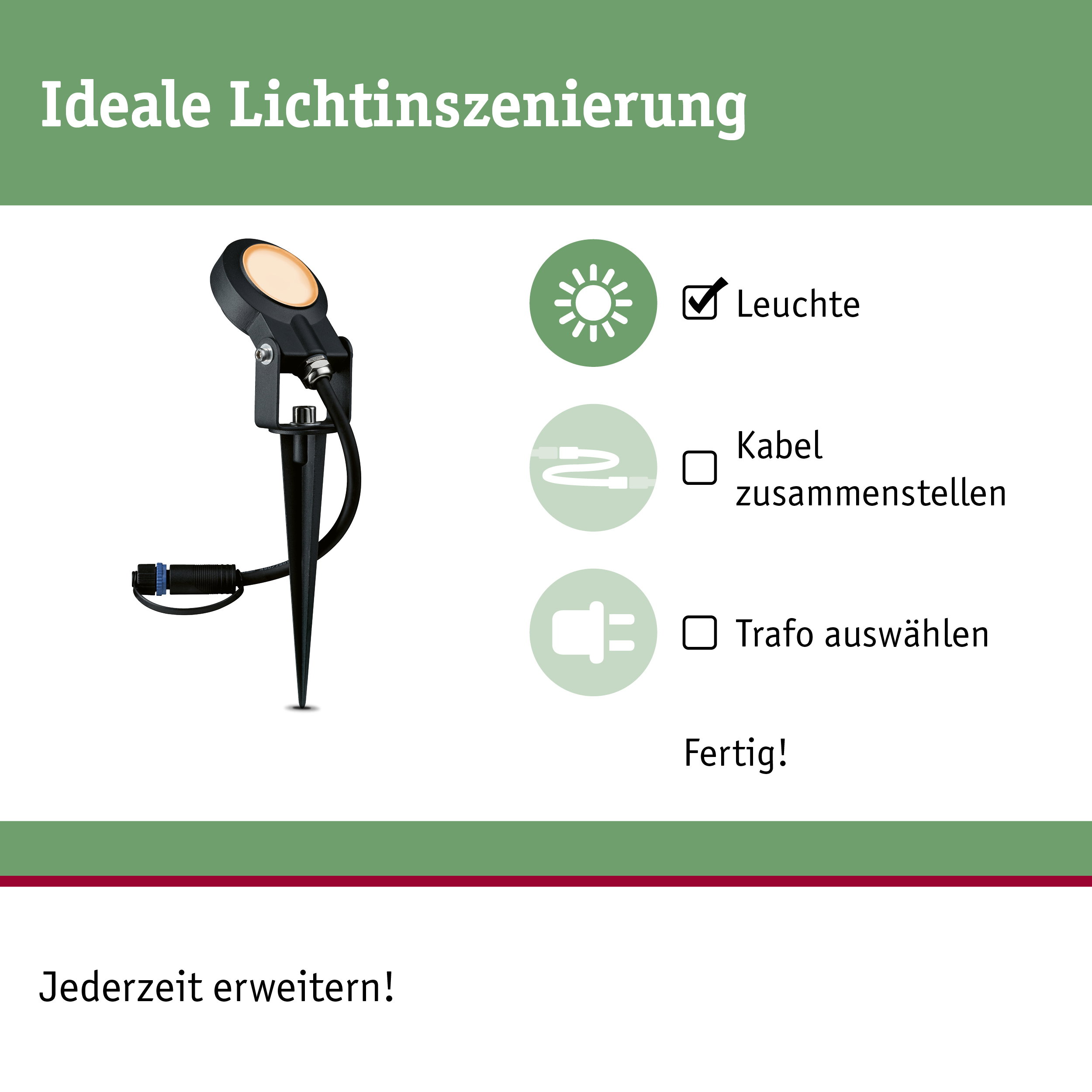 Schwarze LED-Gartenleuchte mit Erdspieß und Kabelanschluss für Außenbeleuchtung.