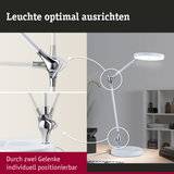 Weiße LED-Schreibtischlampe mit verchromten Gelenken zur flexiblen Ausrichtung und modernem Design