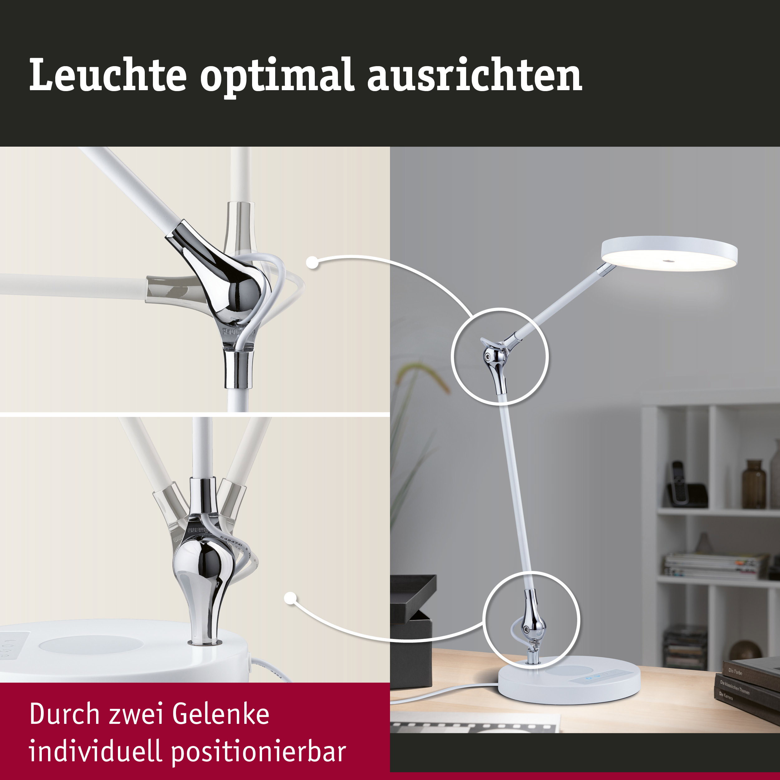 Weiße LED-Schreibtischlampe mit verchromten Gelenken zur flexiblen Ausrichtung und modernem Design