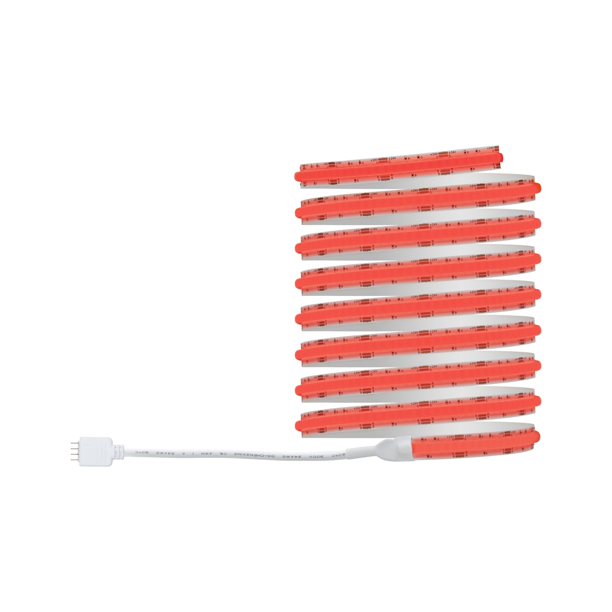 Roter flexibler LED-Lichtstreifen mit weißem Anschlusskabel für dekorative Beleuchtung.