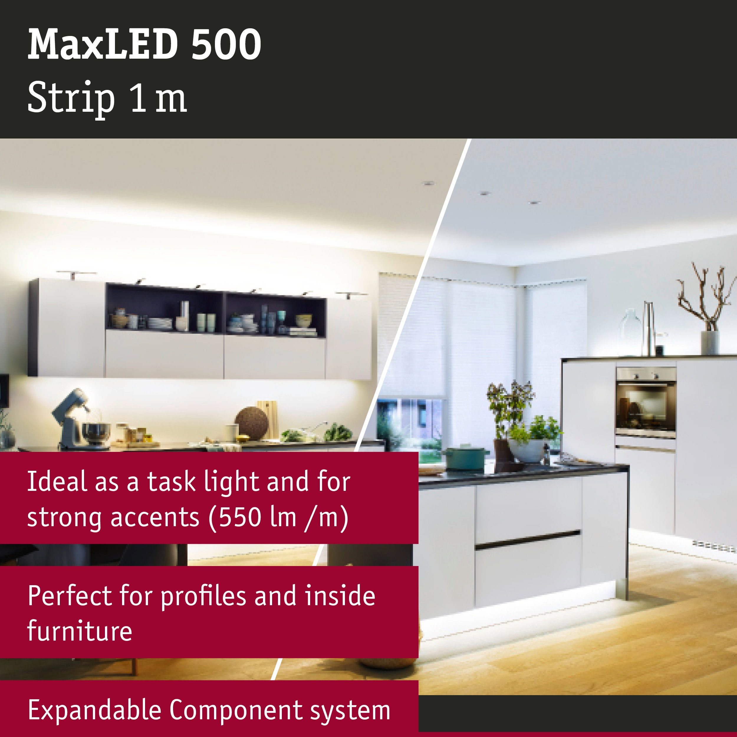 MaxLED 500 white 1 m LED strip, perfect for kitchen lighting and furniture accents