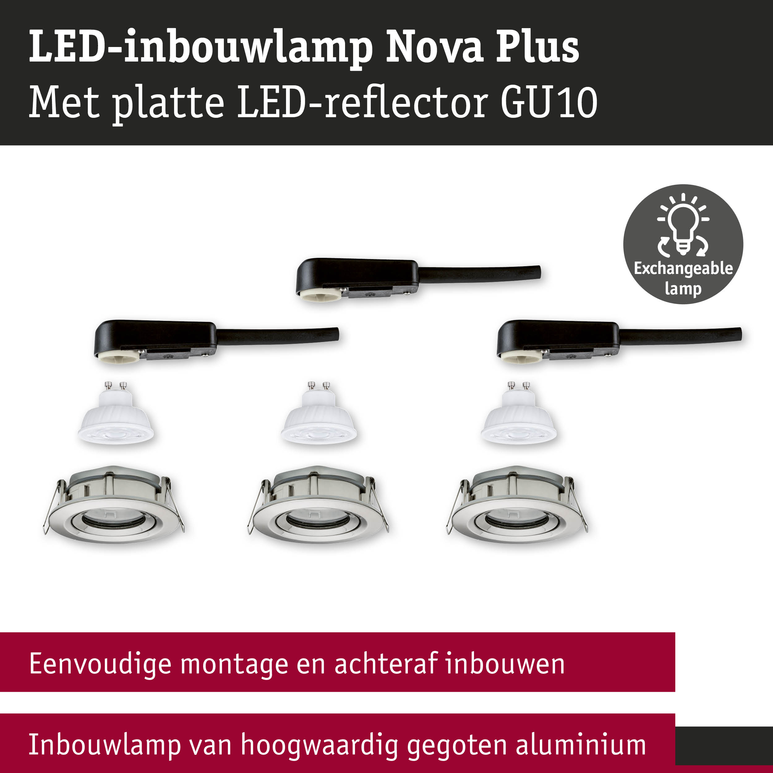 LED-inbouwlamp Nova Plus met platte LED-reflector GU10 van zilverkleurig aluminium