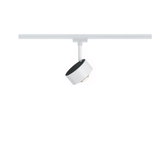 Moderner weißer LED-Strahler aus Metall an Schienensystem für flexible Raumbeleuchtung