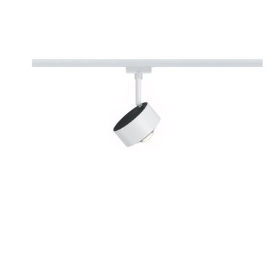 Moderner weißer LED-Strahler aus Metall an Schienensystem für flexible Raumbeleuchtung