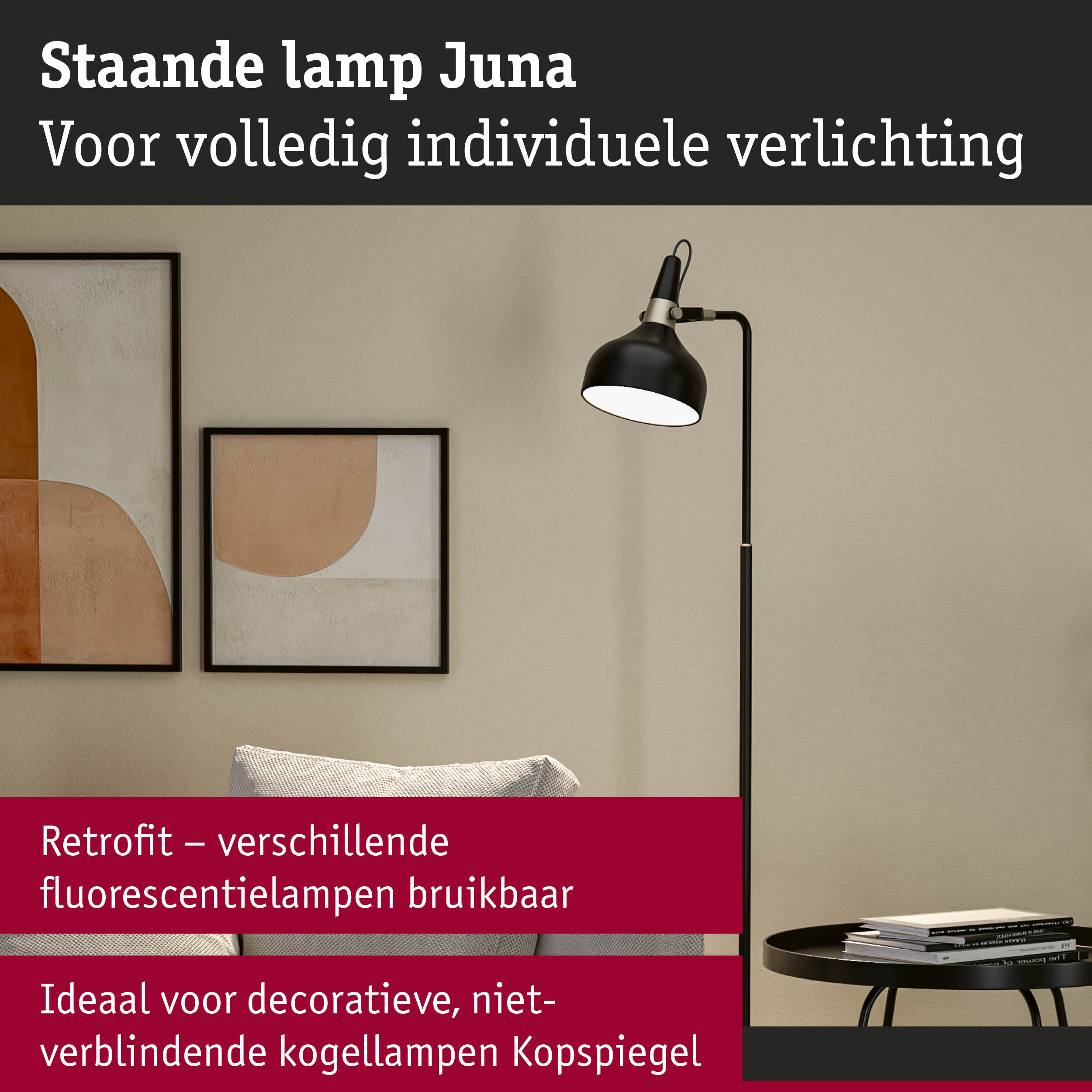 Zwarte staande lamp Juna met verstelbare kap voor individuele verlichting in de woonkamer