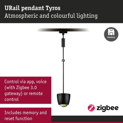Black URail Tyros pendant light with colorful LED, controllable via app, voice and remote control