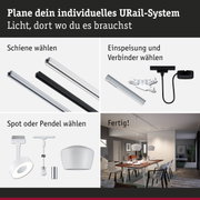 Modulares URail-Schienensystem mit weißen und schwarzen Schienen, Steckern und Pendelleuchten für flexible Beleuchtung