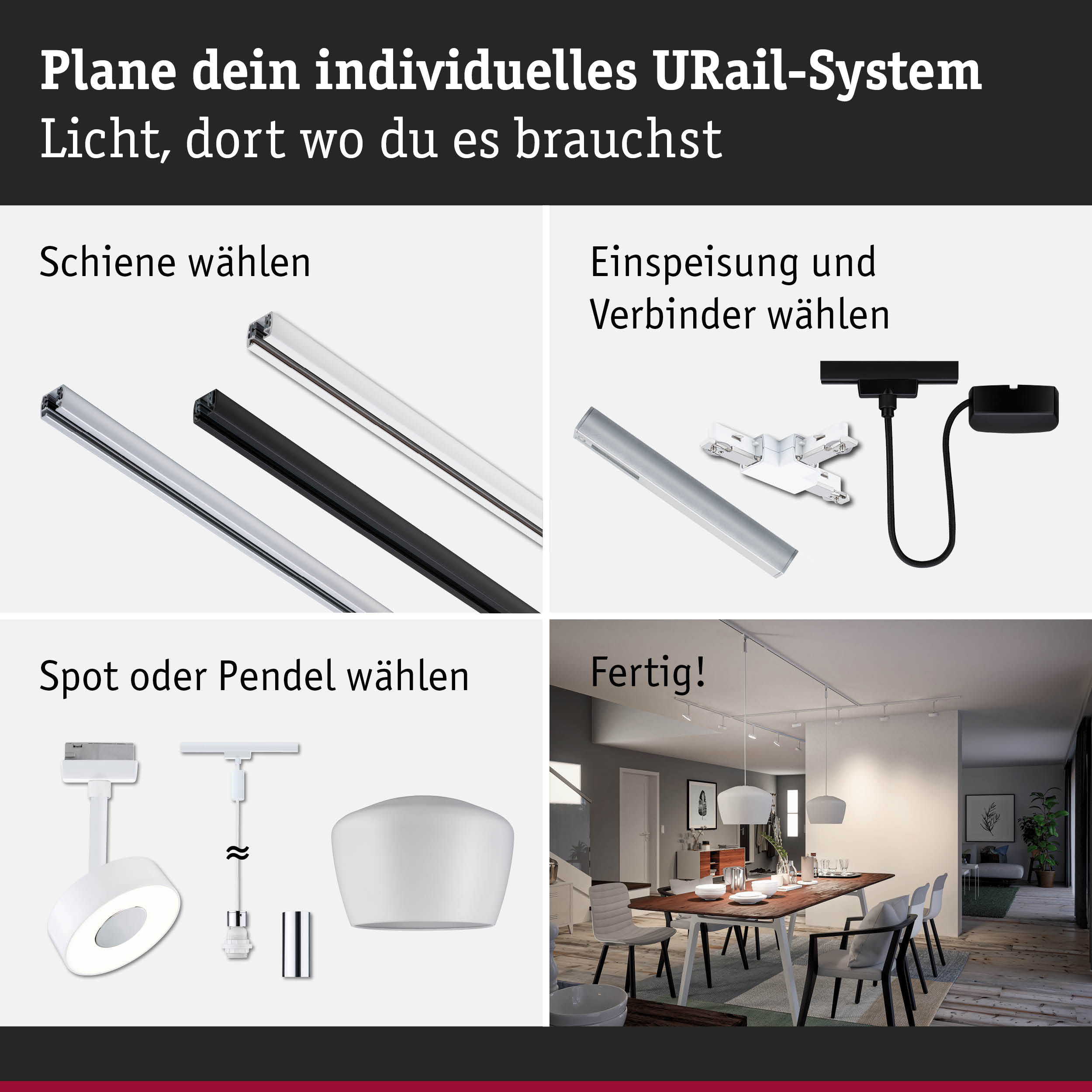 Modulares URail-Schienensystem mit weißen und schwarzen Schienen, Steckern und Pendelleuchten für flexible Beleuchtung