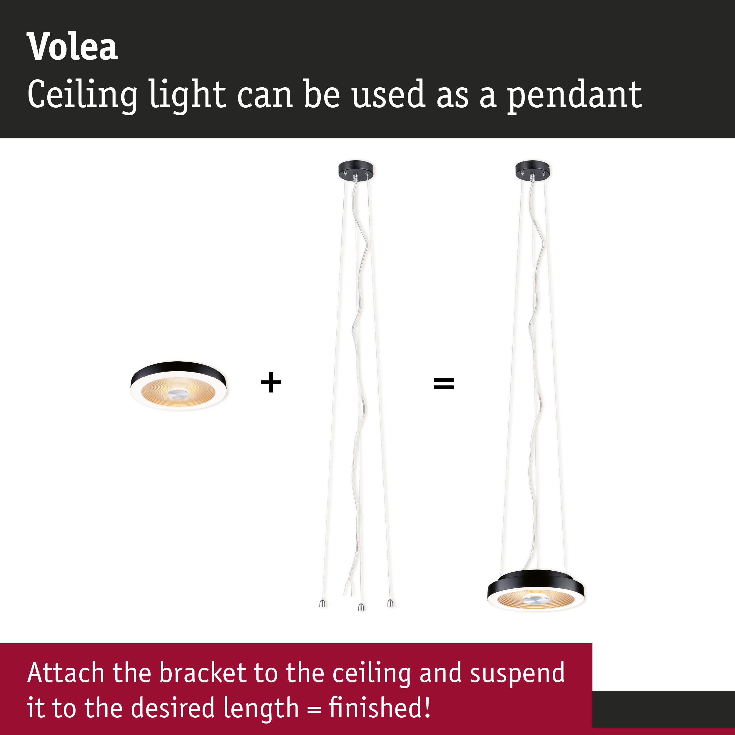 Volea black ceiling light with warm white LED, convertible to pendant lamp with adjustable length