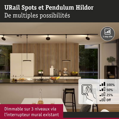 Cuisine moderne avec spots URail et suspension Hildor noire, dimmable en 3 niveaux via interrupteur mural