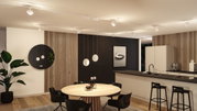 Moderne Küche mit runder Holz-Tischplatte, schwarzen Stühlen und minimalistischer LED-Deckenbeleuchtung