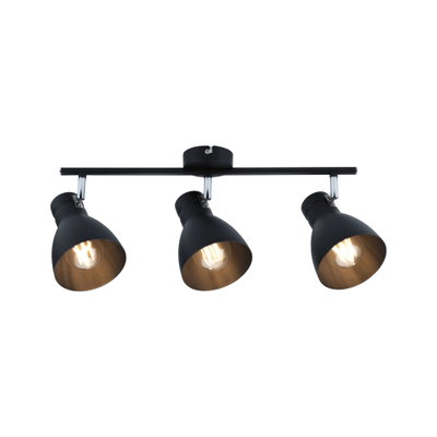 Spot de plafond noir à trois lampes en métal avec abat-jours réglables pour éclairage intérieur