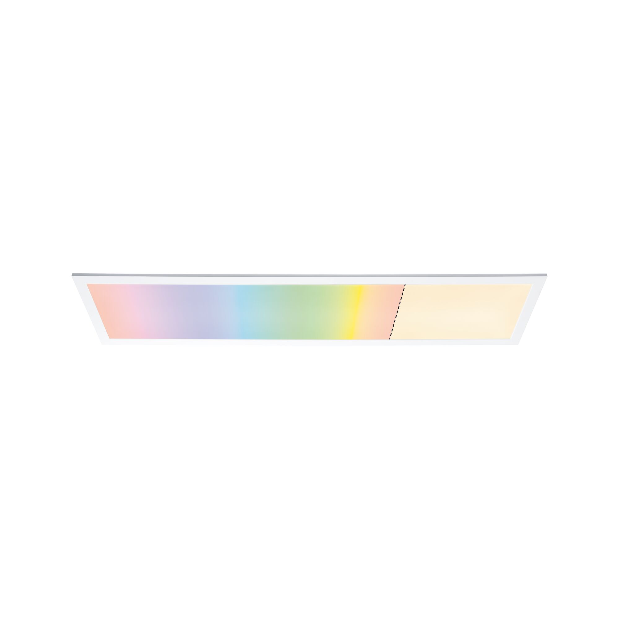 Flat LED panel with white frame displaying warm white and multicolor light for modern room lighting