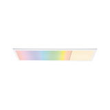 Flat LED panel with white frame displaying warm white and multicolor light for modern room lighting
