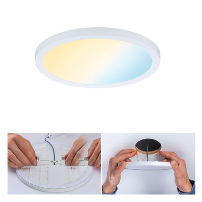 Plafonnier LED rond blanc avec lumière blanche chaude et froide réglable, étapes de montage visibles