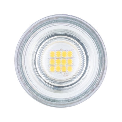 Round LED light bulb with clear glass and yellow diodes, energy-efficient lighting solution