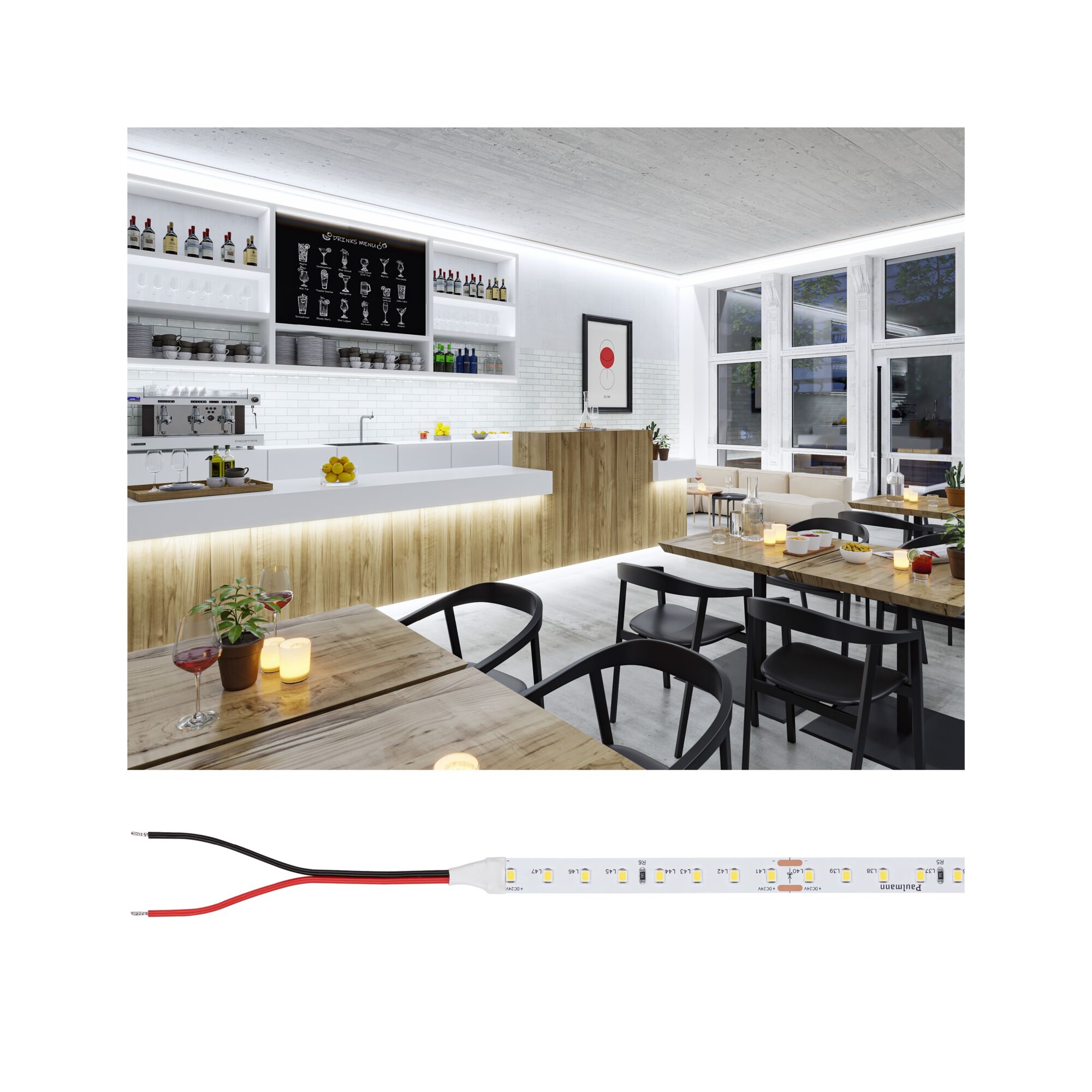 LED strip light with white LEDs and wires, energy-efficient indoor lighting solution