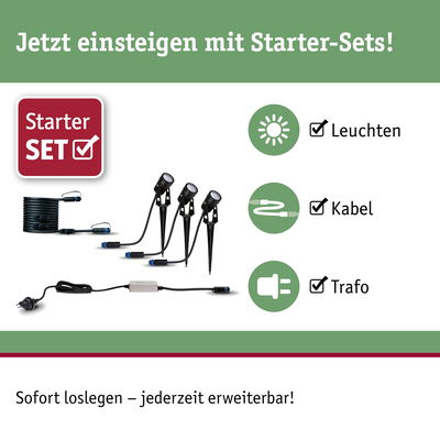 Starter-Set mit drei schwarzen LED-Gartenleuchten, Kabel und Trafo für einfache Außenbeleuchtung.