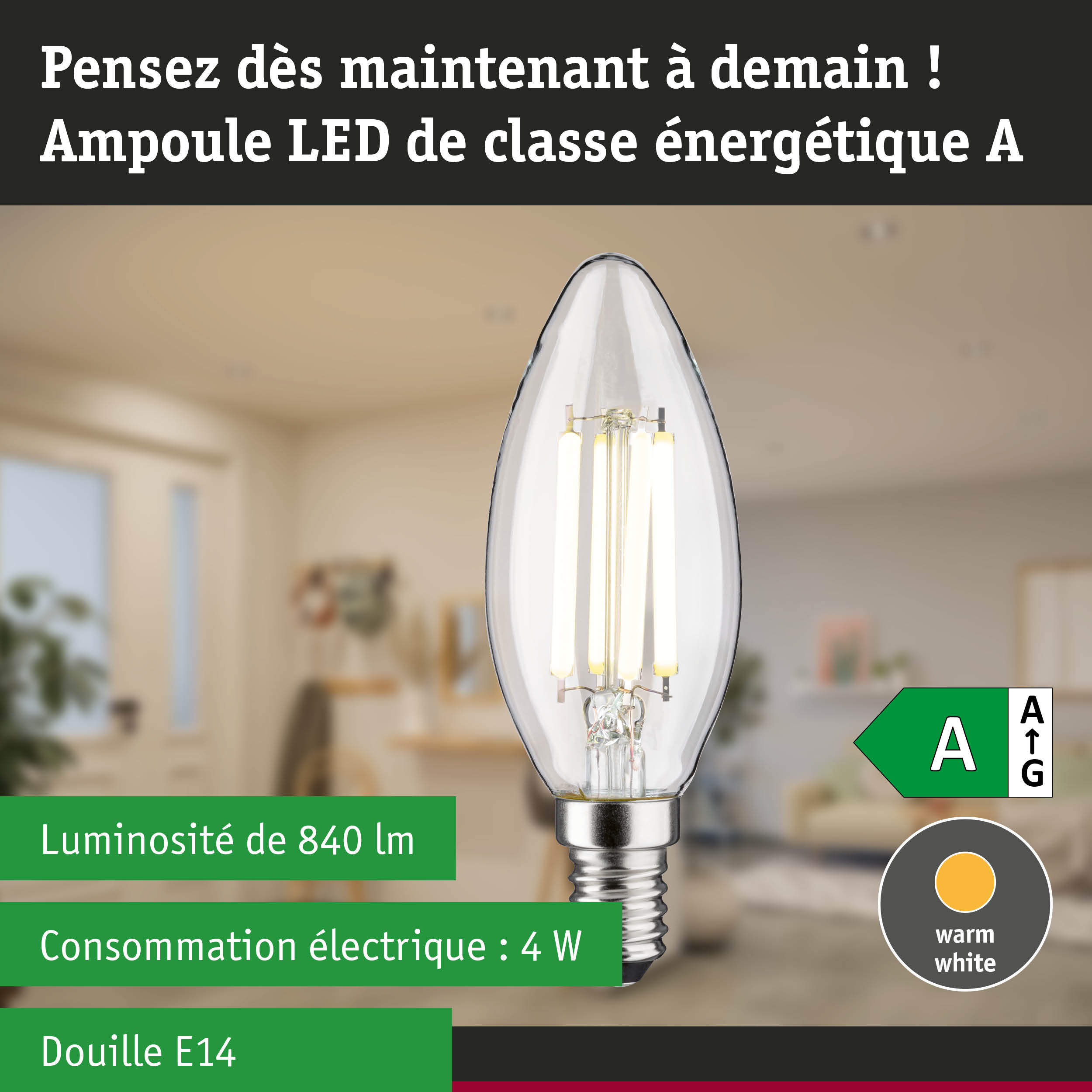 Ampoule LED claire en forme de bougie avec lumière blanc neutre et haute efficacité énergétique