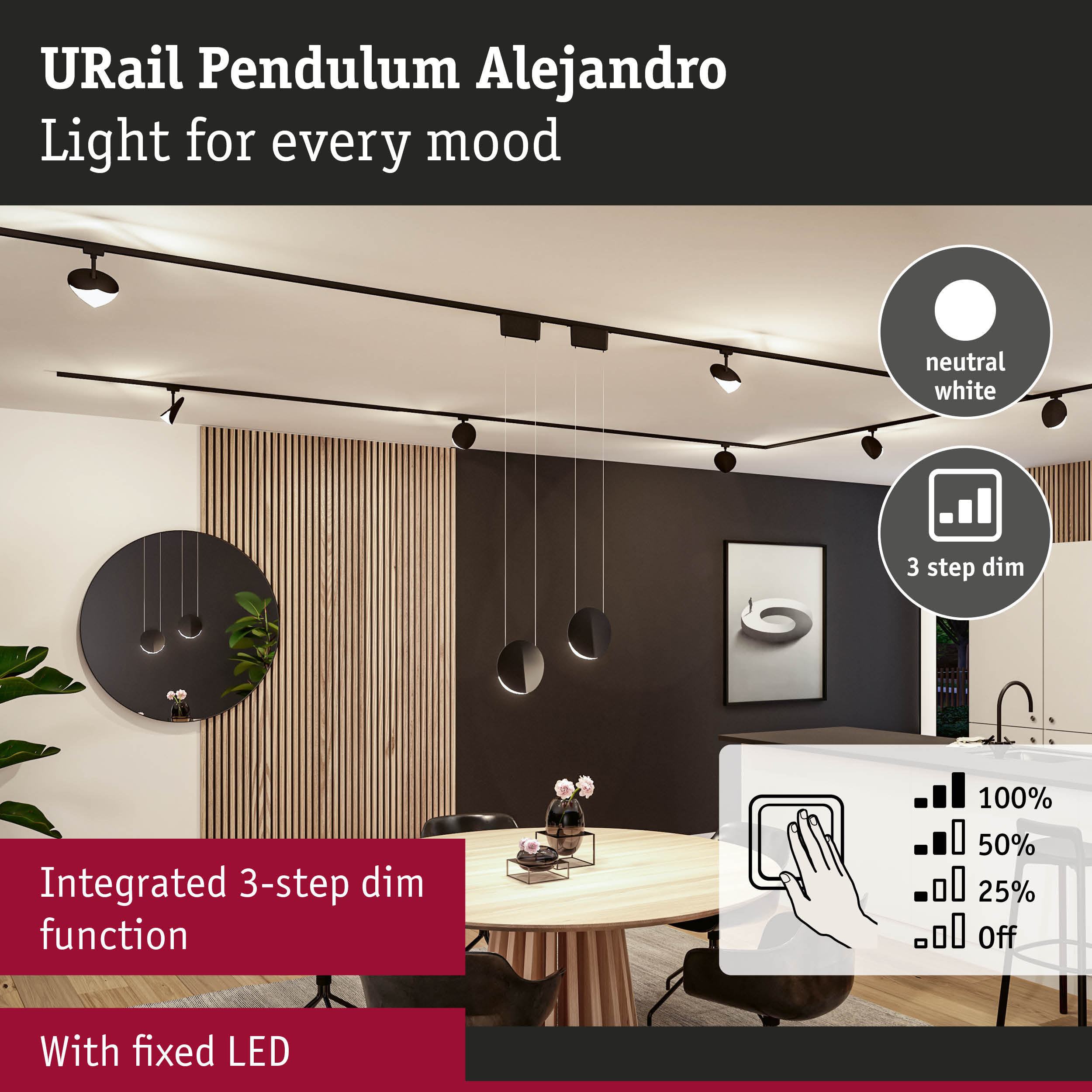 Black URail Pendulum Alejandro LED ceiling light with integrated 3-step dim function and neutral white light