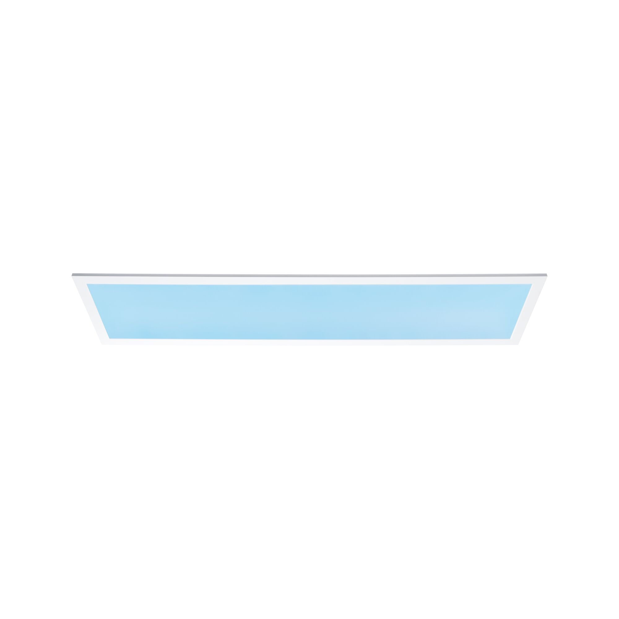 Flat rectangular LED panel with white frame and blue light for modern room lighting solutions