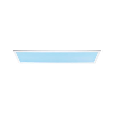 Flat rectangular LED panel with white frame and blue light for modern room lighting solutions