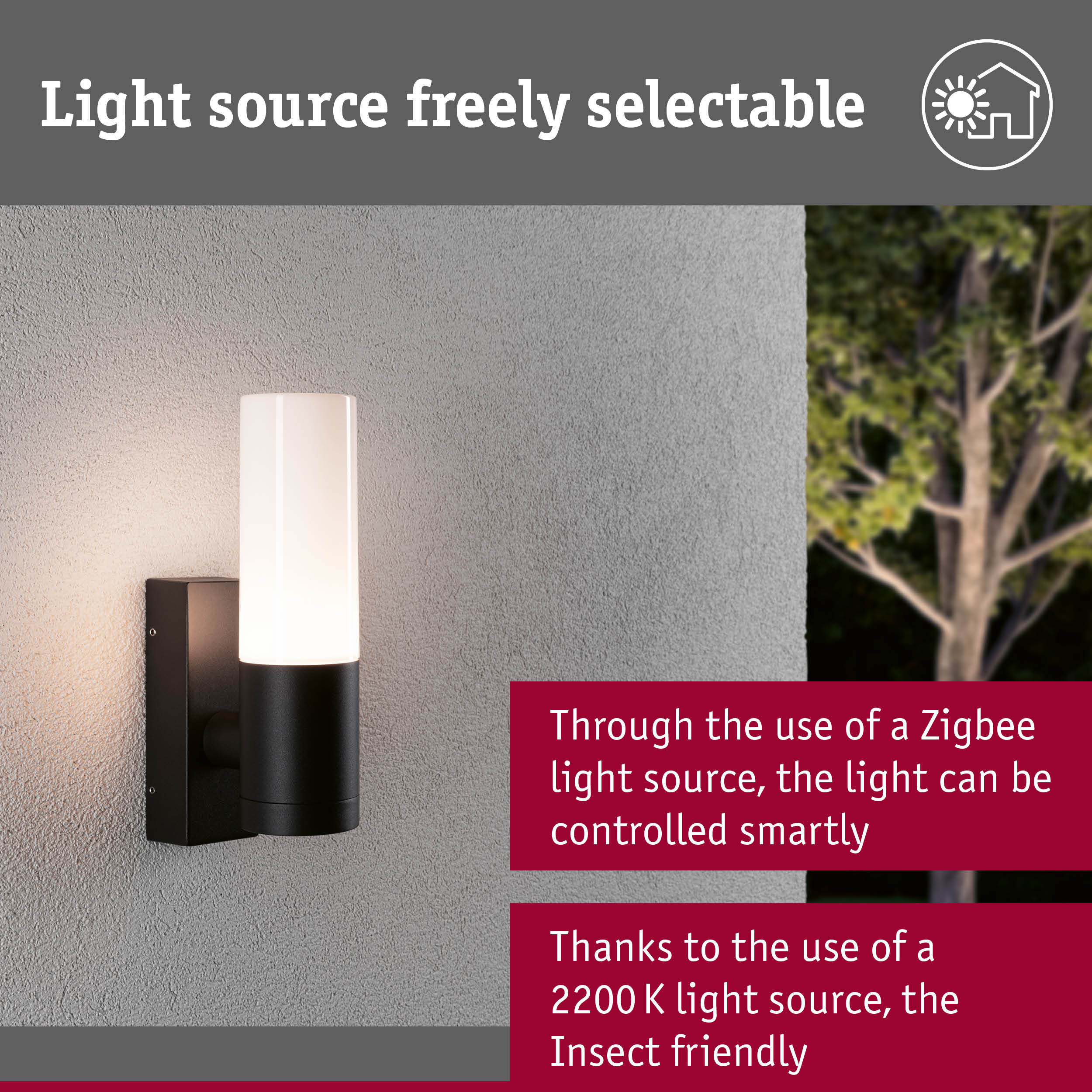 Modern black outdoor wall light with white glass, Zigbee control, insect-friendly lighting